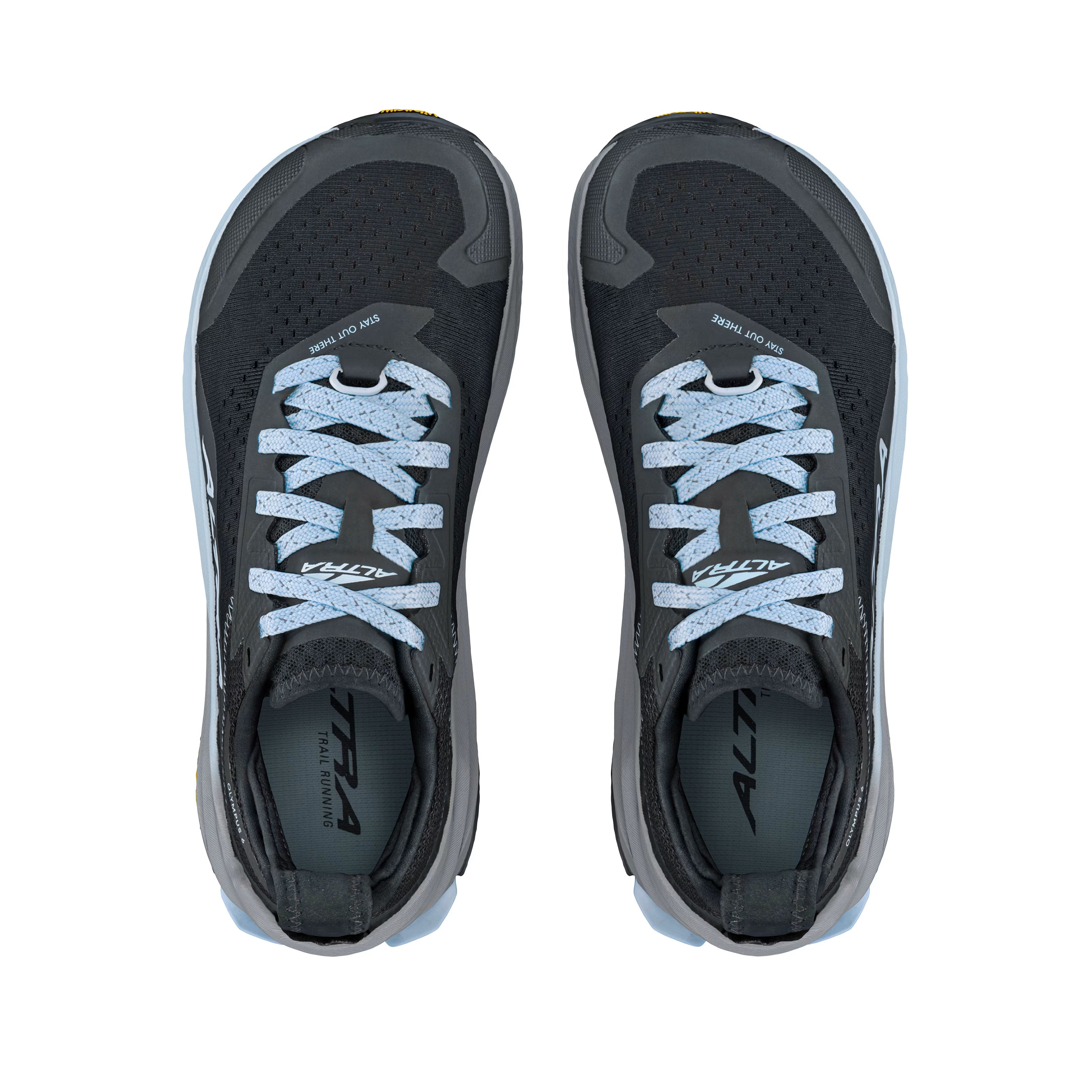 Olympus 6 - Women by Altra Footwear in black and light blue plush trail runners with cushion, grip, and roomy toe box for all-day comfort and trail use