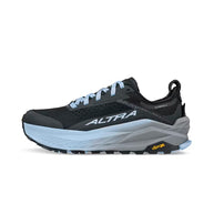 Olympus 6 - Women by Altra Footwear in black and light blue, cushioned trail running shoe with durable Vibram sole for all-day comfort and grip