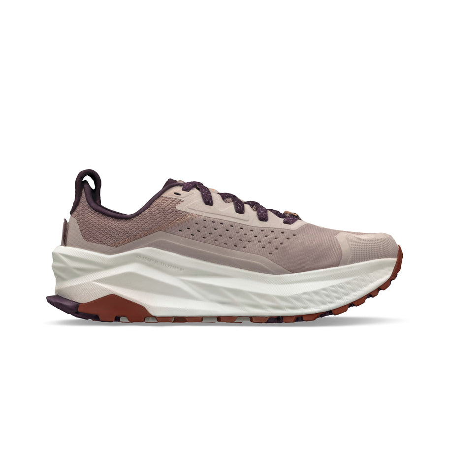 Olympus 6 - Women by Altra Footwear in mauve and dark purple, plush trail runner with durable sole, cushion, grip, and roomy toe box for all-day trail use