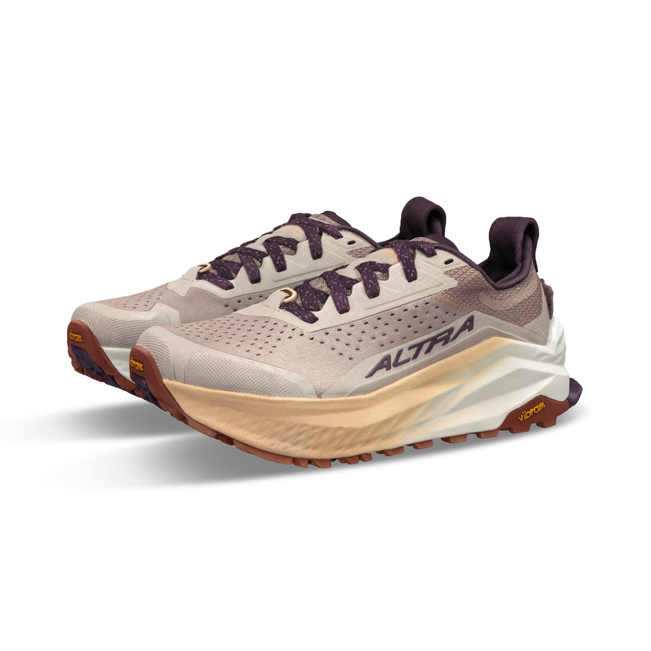Olympus 6 - Women by Altra Footwear in beige and purple trail shoe with plush cushioning, durable grip, and roomy toe box for all-day comfort