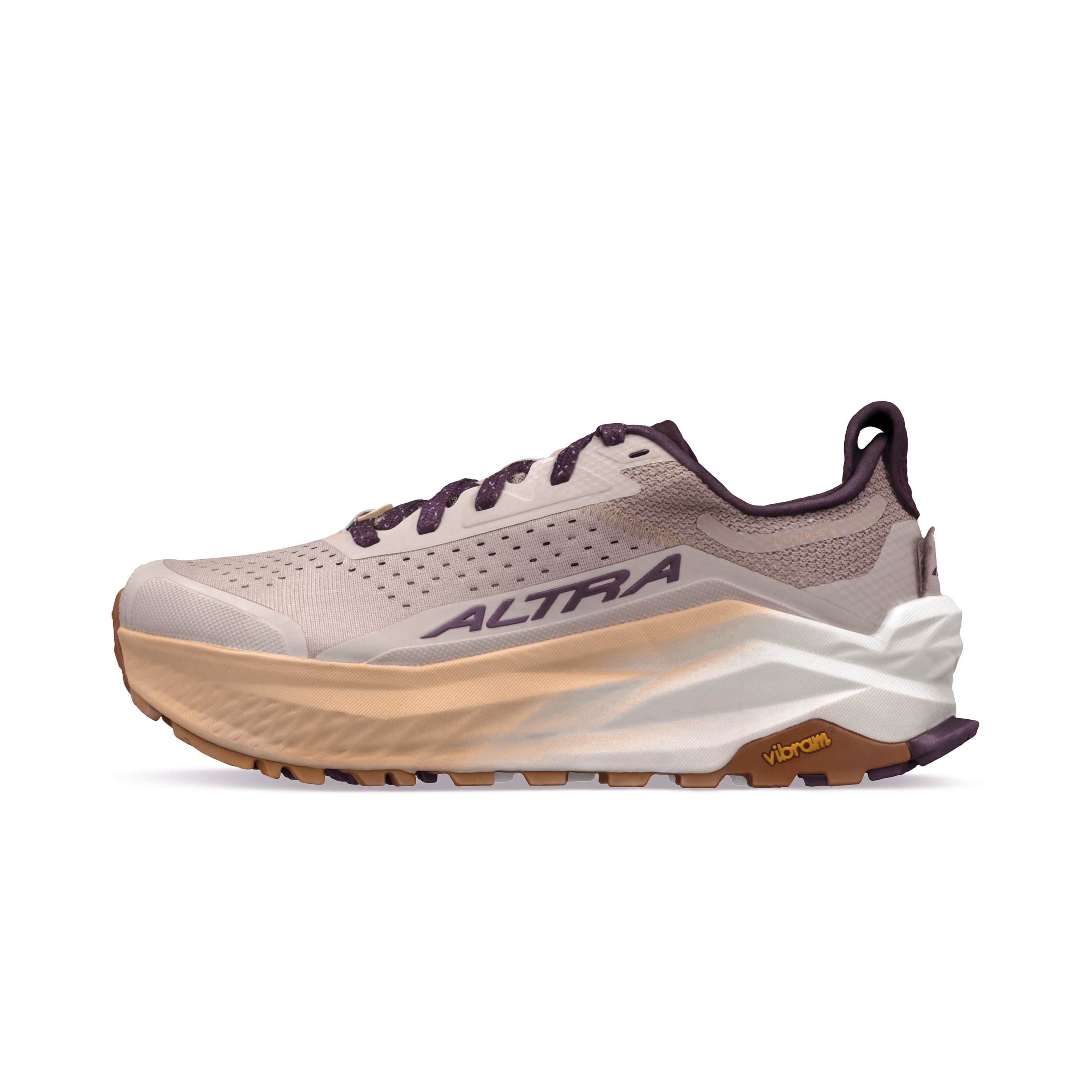 Olympus 6 - Women by Altra Footwear in beige and dark purple, cushioned trail runner with durable Vibram sole for all-day comfort and grip