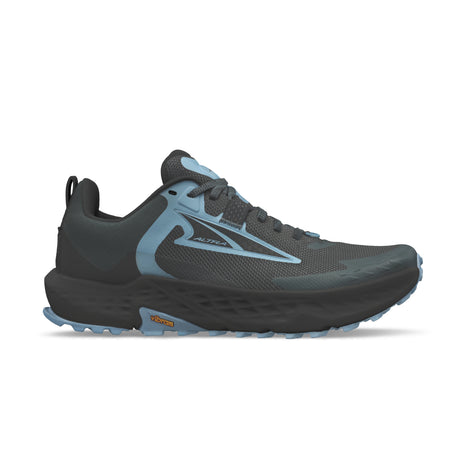 Timp 5 - Women by Altra Footwear in black and blue, high-cushioned trail shoe with durable Vibram sole for varied terrain running and hiking
