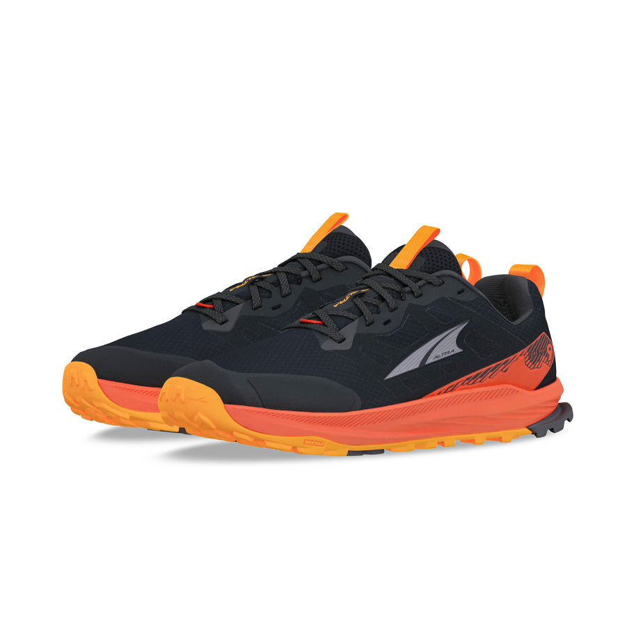 Lone Peak 9 - Men by Altra Footwear in black and orange with durable outsole, lightweight midsole foam, ideal for trail running and outdoor adventures