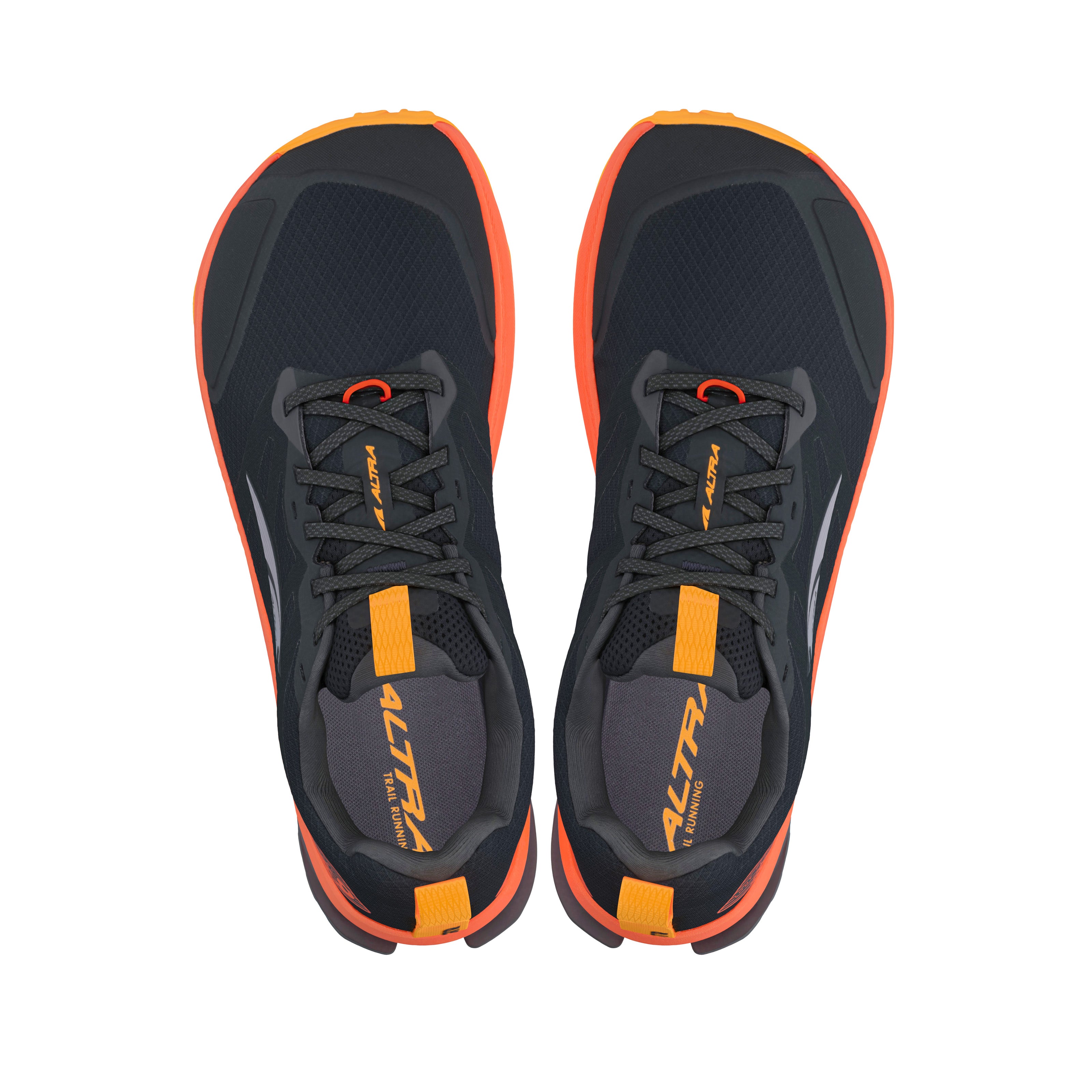 Lone Peak 9 - Men by Altra Footwear in black and orange, durable trail running shoe with lightweight midsole and enhanced grip outsole for rugged use