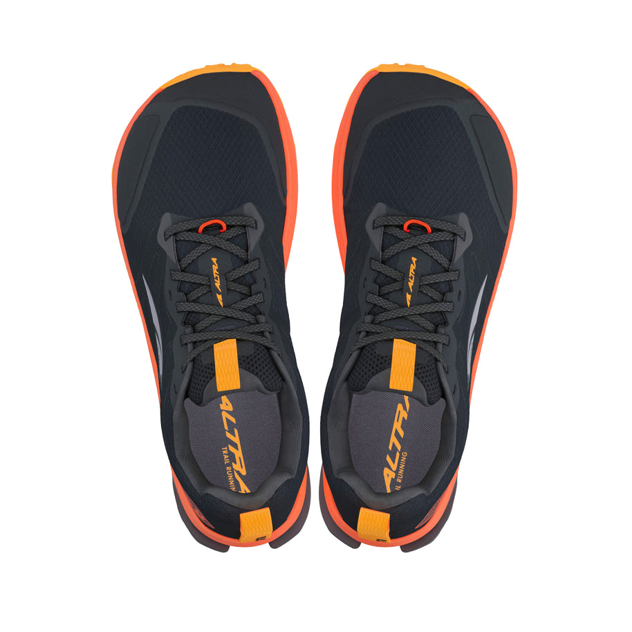 Lone Peak 9 - Men by Altra Footwear in black and orange, durable trail running shoe with lightweight midsole and enhanced grip outsole for rugged use