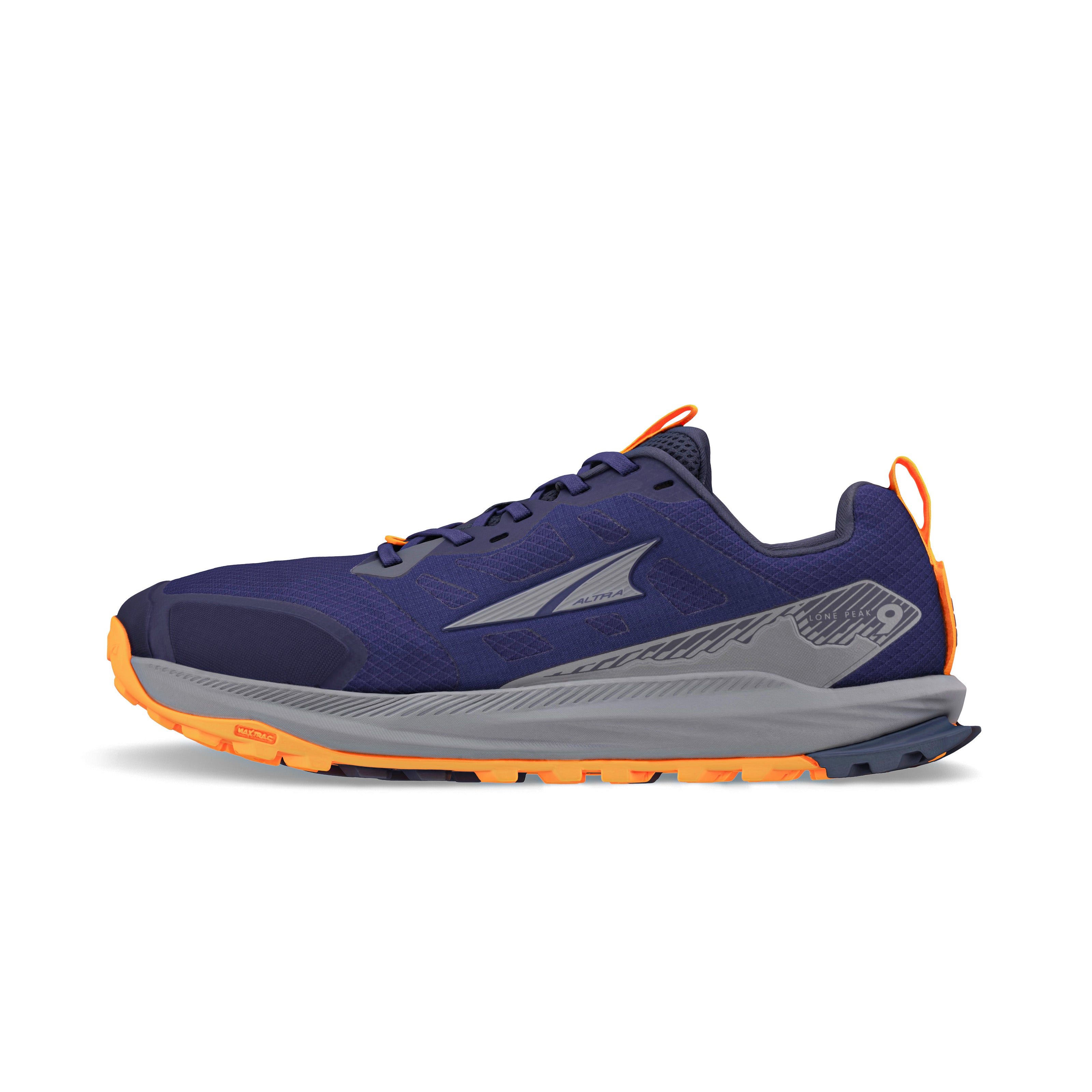 Lone Peak 9 - Men by Altra Footwear in navy and orange, durable lightweight trail shoe with grip outsole and improved midsole foam for running and hiking