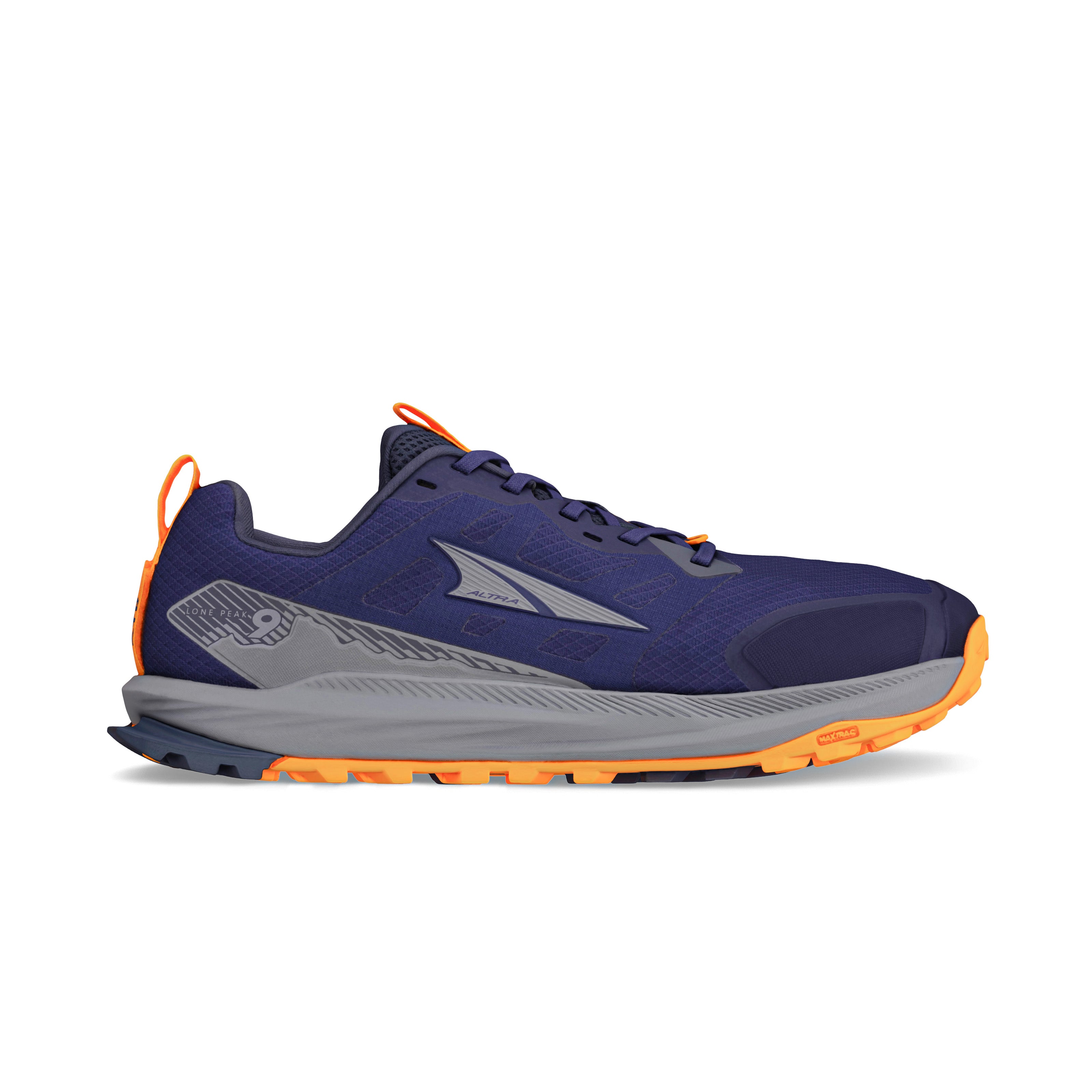Lone Peak 9 - Men by Altra Footwear in navy and orange with durable outsole, lightweight midsole foam, designed for trail running and outdoor use