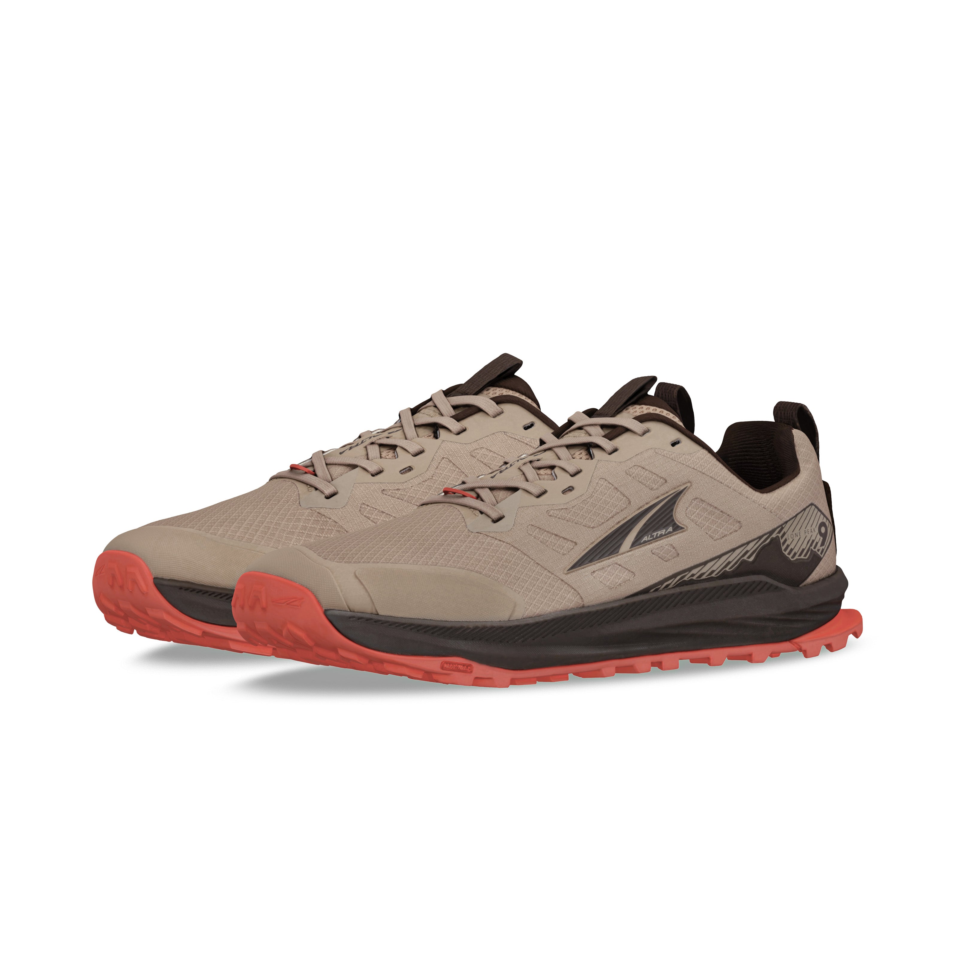 Lone Peak 9 - Men by Altra Footwear in beige and coral, lightweight durable trail shoe with improved midsole and outsole for grip