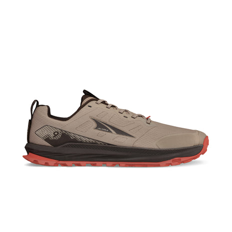 Lone Peak 9 - Men by Altra Footwear in beige and black with red sole, durable trail shoe with improved midsole and outsole grip for running