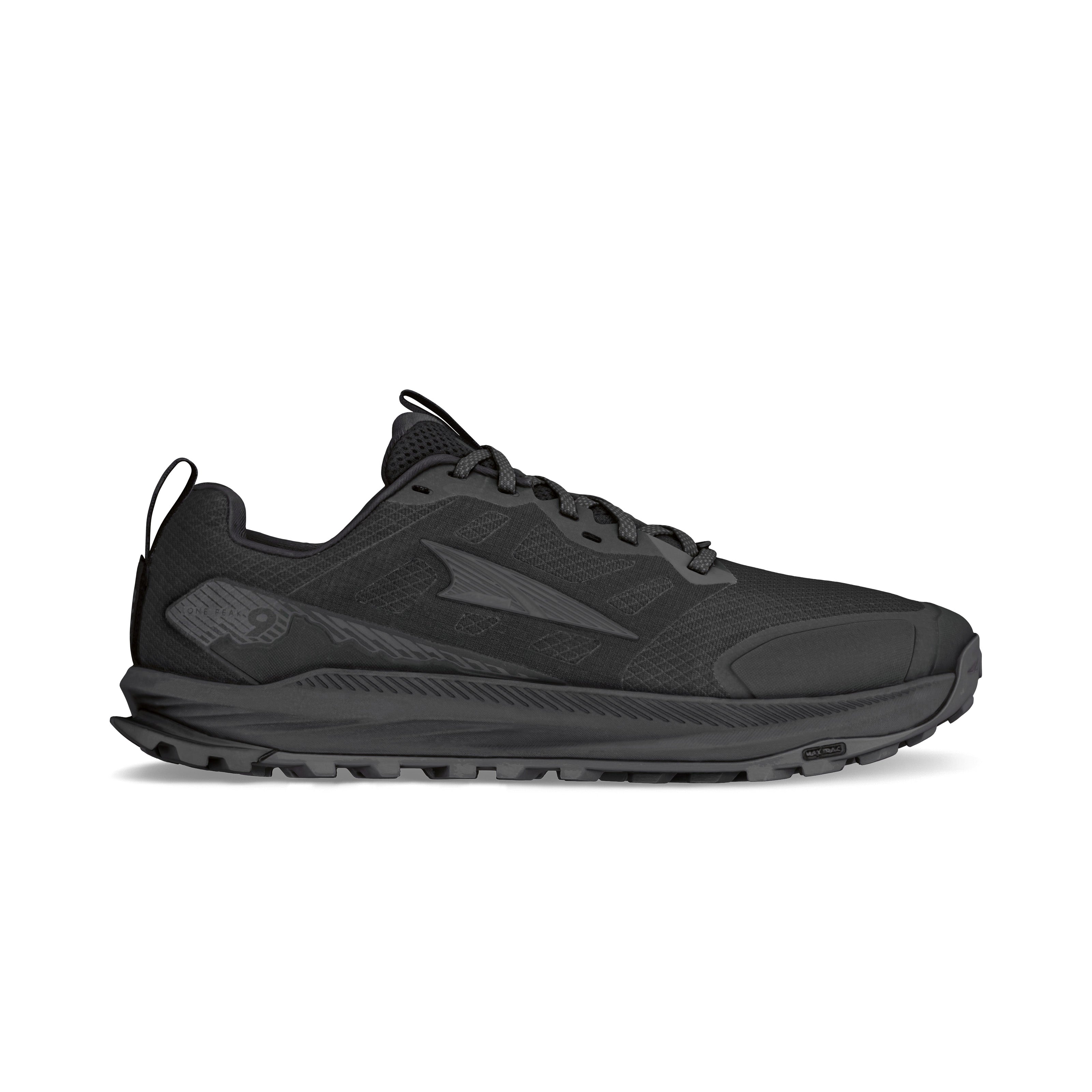 Lone Peak 9 Wide - Men by Altra Footwear in black, durable trail shoes with improved midsole and outsole for enhanced grip and lightweight comfort