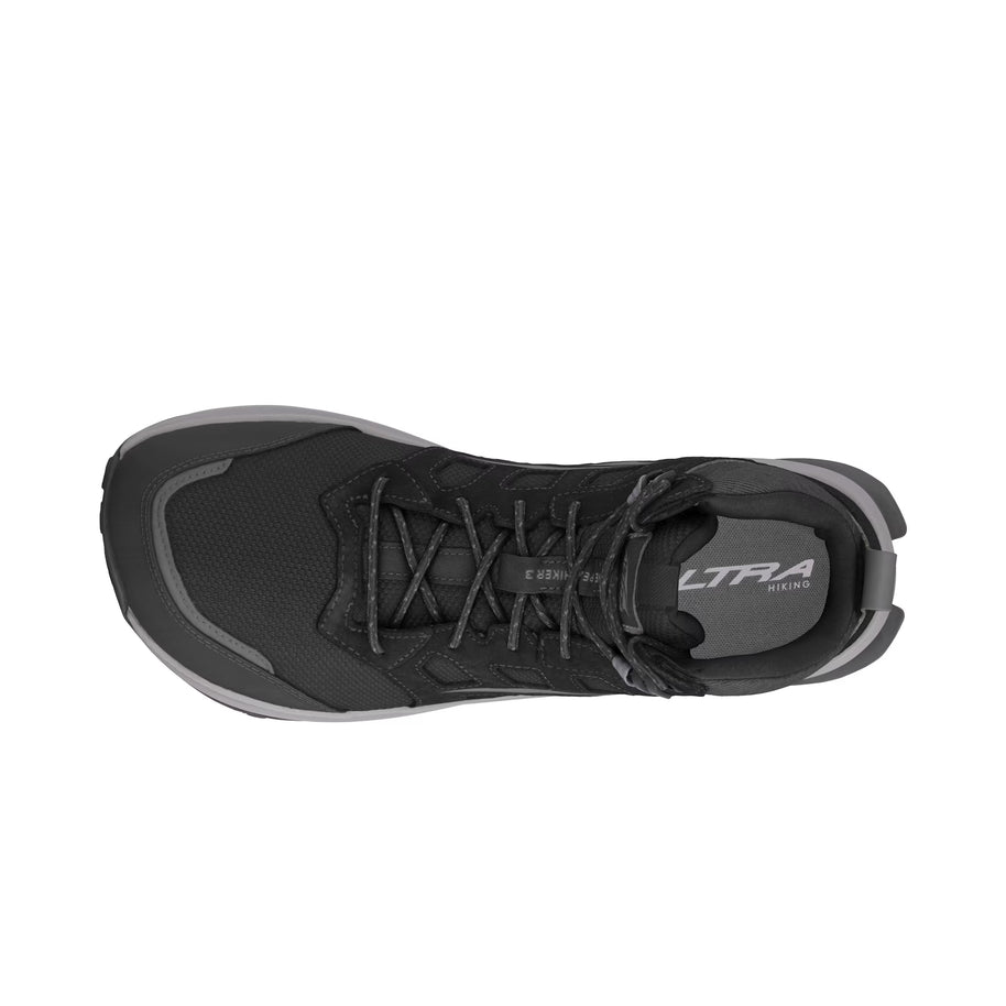 Lone Peak Hiker 3 - Men by Altra Footwear in black and grey, lightweight hiking shoe with ankle support and updated upper tooling for rugged trails