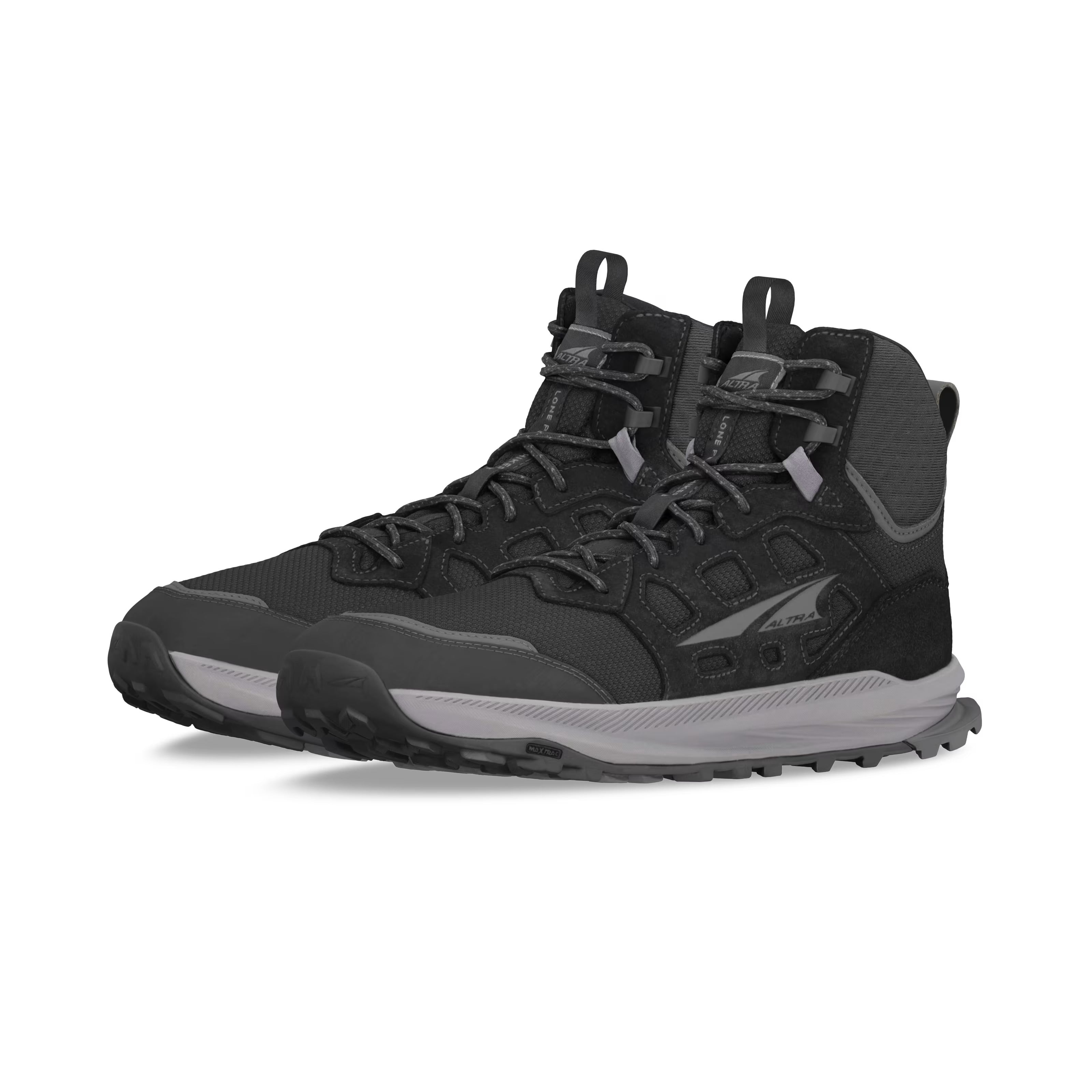 Lone Peak Hiker 3 - Men by Altra Footwear in black and grey, lightweight hiking boot with ankle support and updated upper tooling for rugged outdoor use