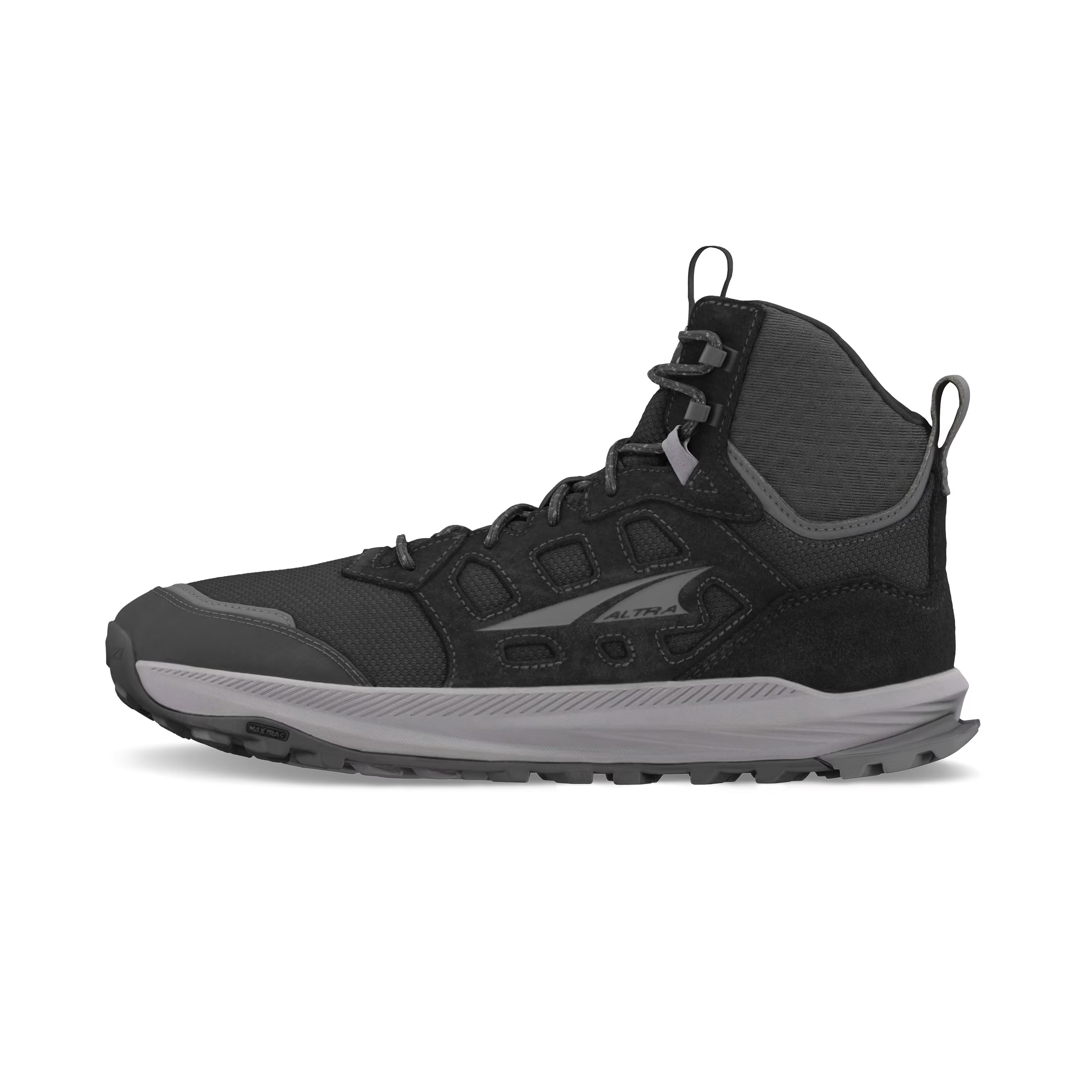 Lone Peak Hiker 3 - Men in black and grey by Altra Footwear, lightweight hiking boot with ankle support and updated upper tooling for rugged trails and adventures