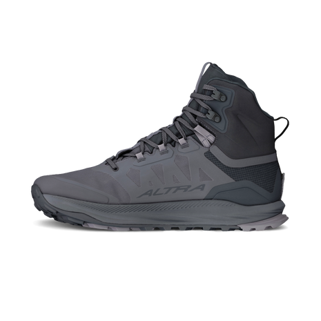 Inner side of the Altra Lone Peak 9 Waterproof Mid men's hiking boot in Black/Gray, showing the grey upper and Altra logo
