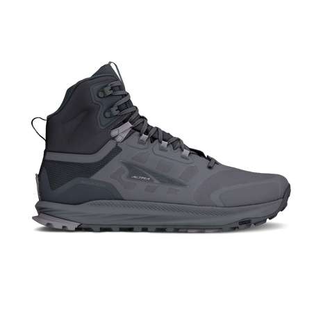 Altra Lone Peak 9 Waterproof Mid men's hiking boot in Black/Gray, side view of grey upper with charcoal ankle collar and lugged outsole