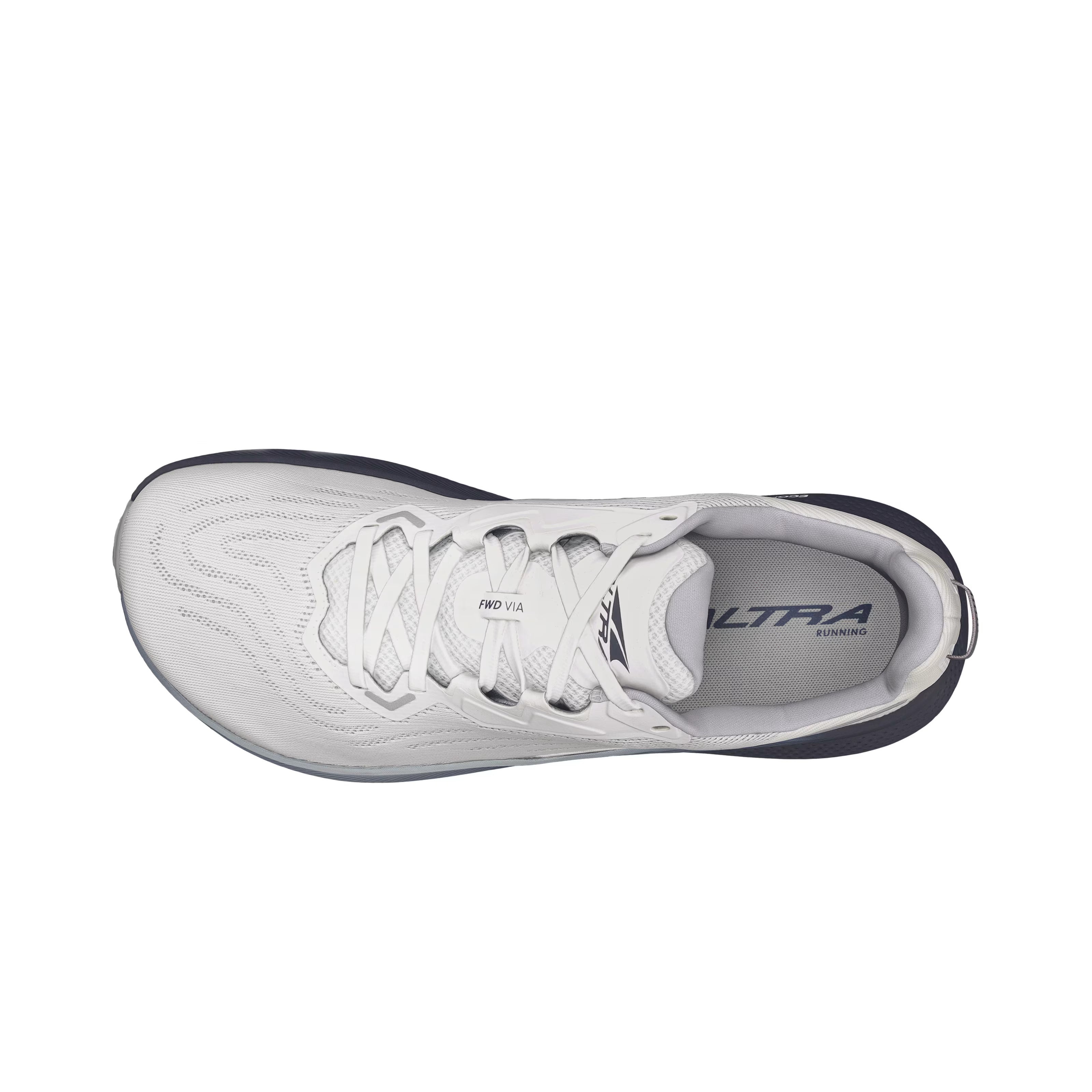 FWD Via - Men by Altra Footwear in white and navy, lightweight road running shoe with nitrogen-infused Altra EGO™ FLO midsole for responsiveness