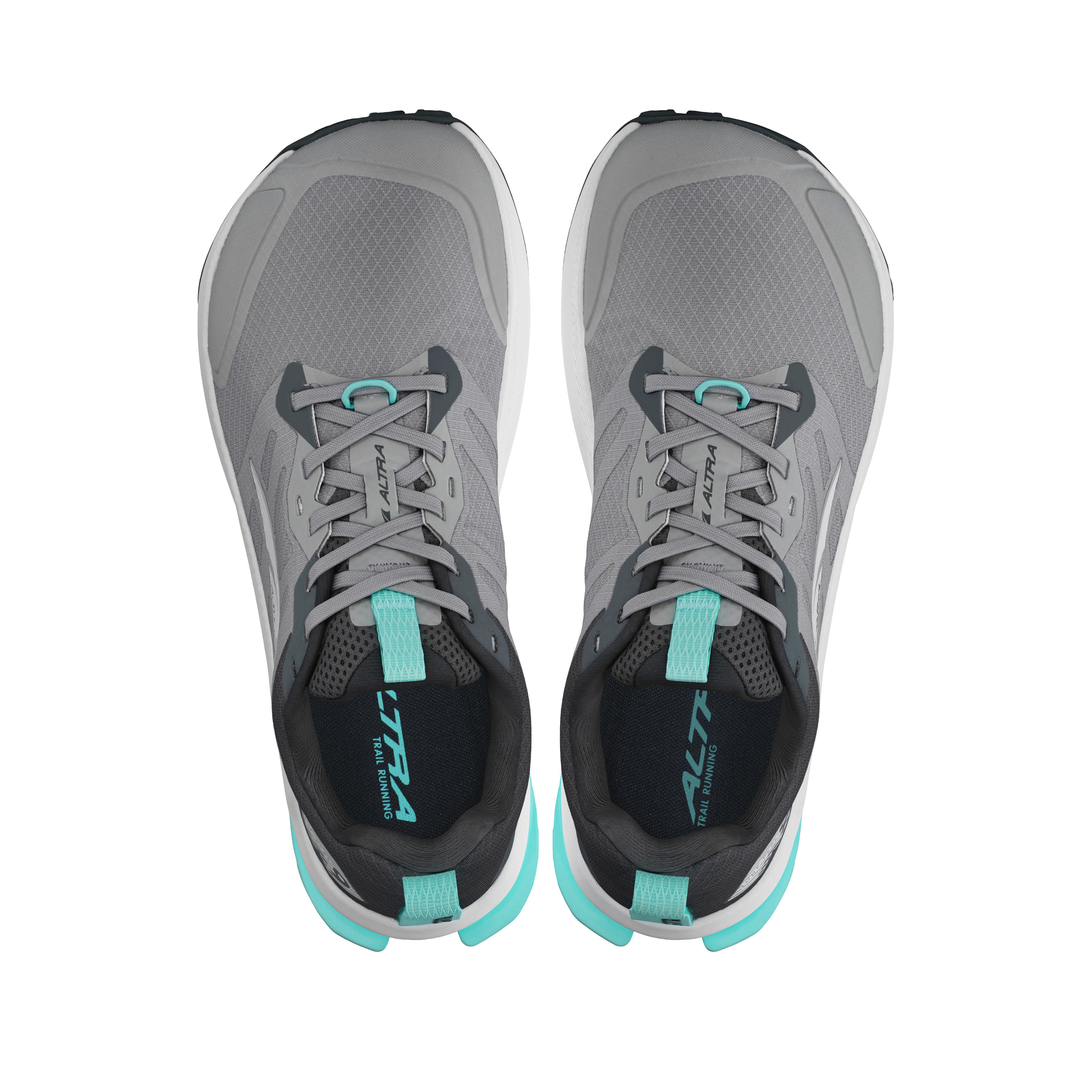 Top view of Lone Peak 9 - Women trail running shoes by Altra Footwear in grey and teal, durable upper, lightweight midsole, enhanced grip outsole for adventure.