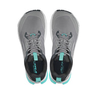 Top view of Lone Peak 9 - Women trail running shoes by Altra Footwear in grey and teal, durable upper, lightweight midsole, enhanced grip outsole for adventure.