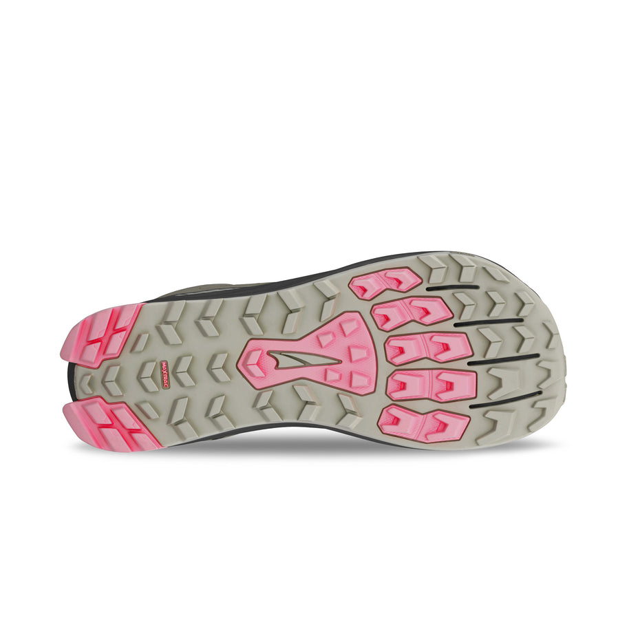 Lone Peak 9 - Women by Altra Footwear shows grey outsole with pink grips for durable, lightweight midsole, ideal for trail running and adventure