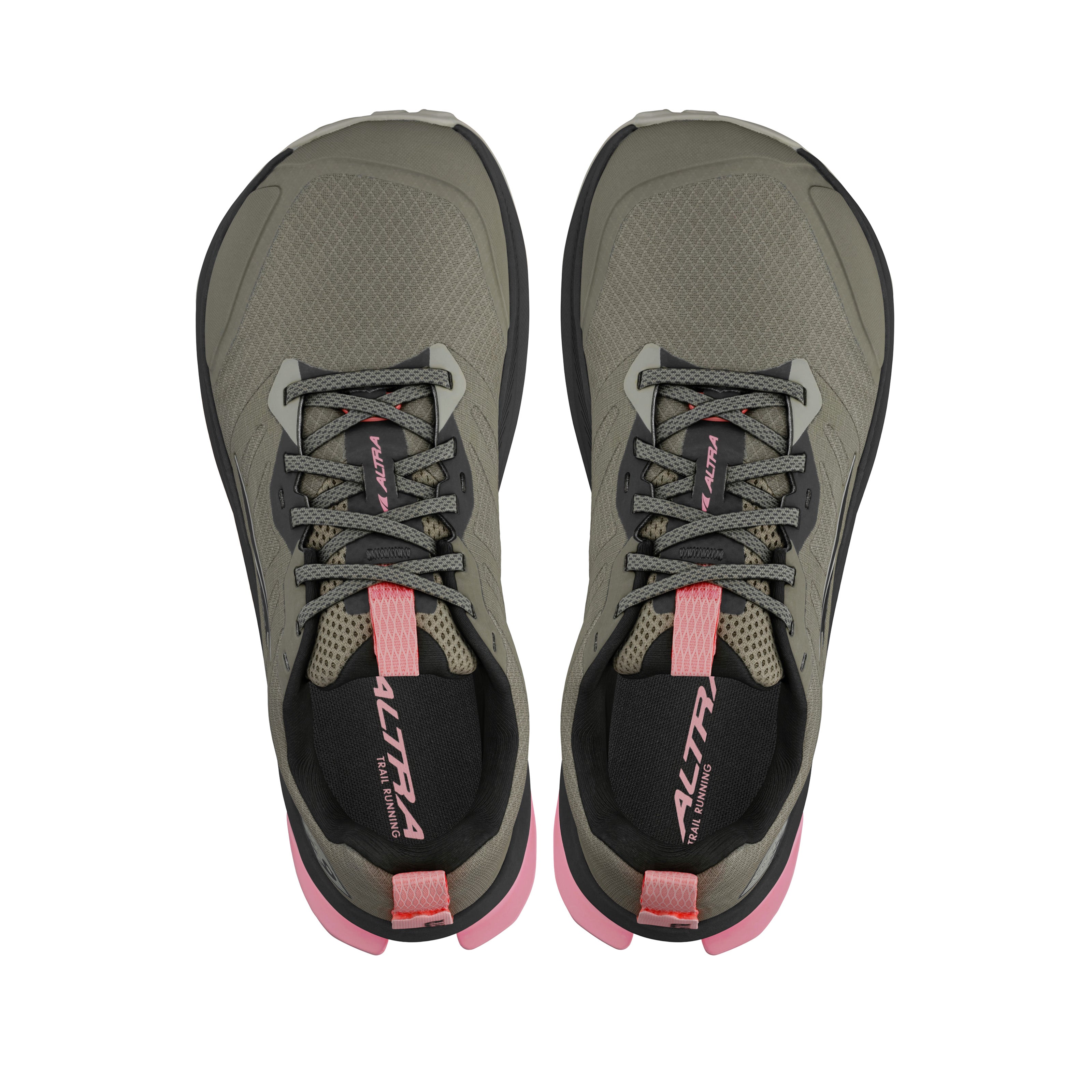 Lone Peak 9 - Women trail running shoes by Altra Footwear in olive green and pink, durable upper, improved midsole foam, enhanced outsole grip for adventure running.