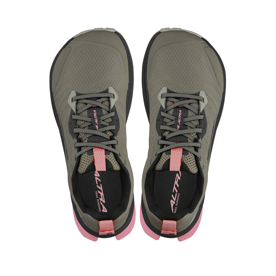 Lone Peak 9 - Women trail running shoes by Altra Footwear in olive green and pink, durable upper, improved midsole foam, enhanced outsole grip for adventure running.