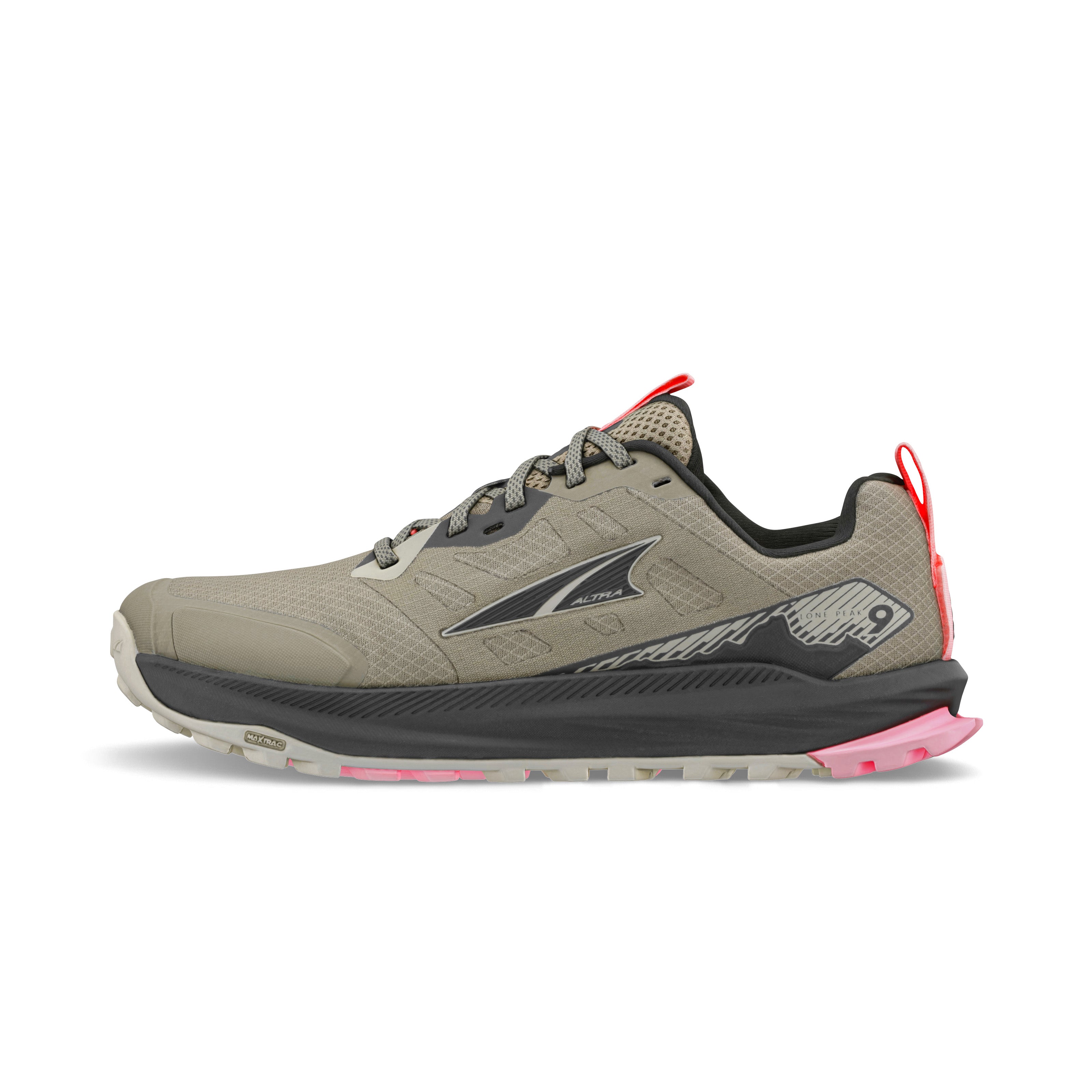 Lone Peak 9 - Women by Altra Footwear in grey and black with pink accents, durable upper, improved midsole foam, and enhanced outsole grip for trail running.