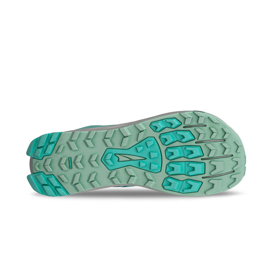 Lone Peak 9 - Women trail running shoe by Altra Footwear showing durable outsole in teal and light green for improved grip and light midsole foam
