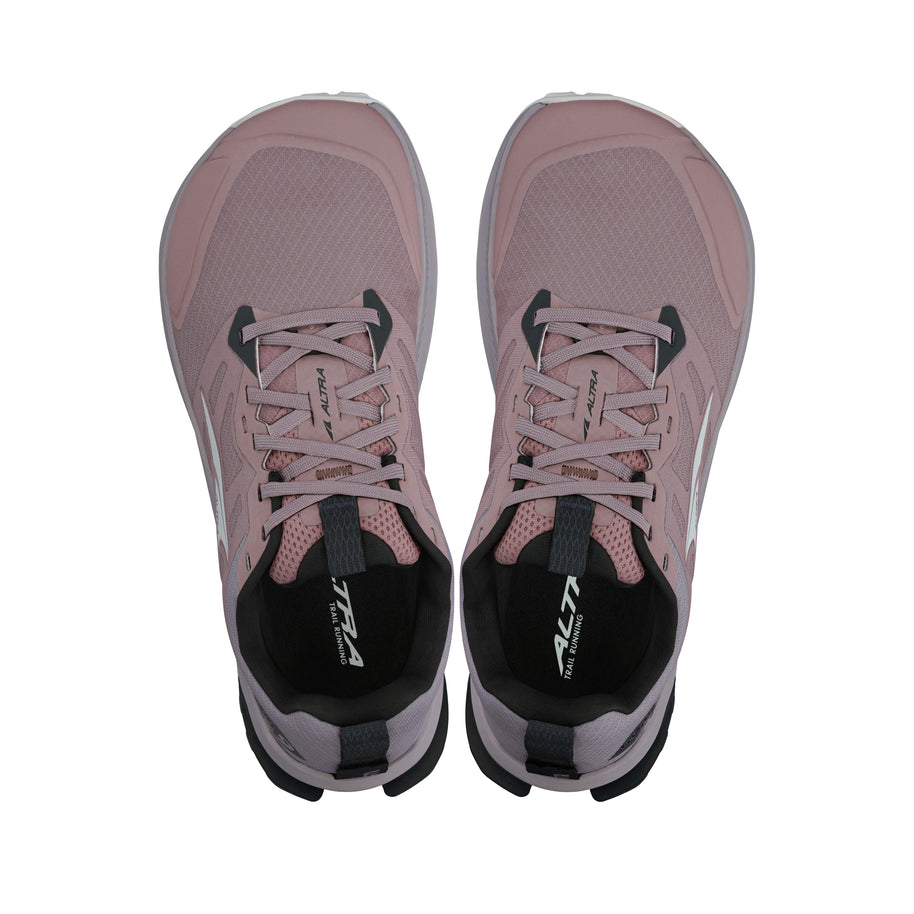 Top view of pink Lone Peak 9 - Women trail running shoes by Altra Footwear with durable upper, light midsole, and improved outsole grip