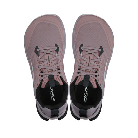 Top view of pink Lone Peak 9 - Women trail running shoes by Altra Footwear with durable upper, light midsole, and improved outsole grip