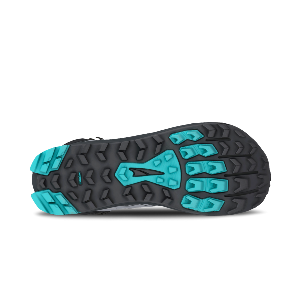 Outsole of the Altra Lone Peak 9 Waterproof Mid women's boot in Black/Gray, black and teal lugged tread