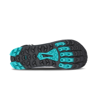 Outsole of the Altra Lone Peak 9 Waterproof Mid women's boot in Black/Gray, black and teal lugged tread