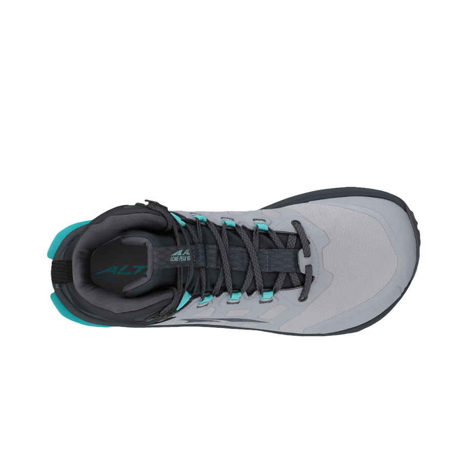 Altra Lone Peak 9 Waterproof Mid women's boot in Black/Gray, top view of black laces and collar