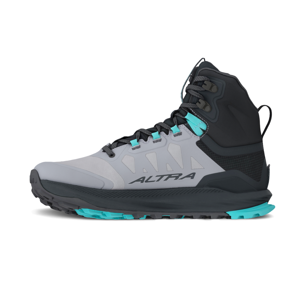 Altra Lone Peak 9 Waterproof Mid women's boot in Black/Gray, other side view with the ALTRA logo and teal outsole edge