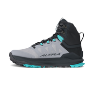 Altra Lone Peak 9 Waterproof Mid women's boot in Black/Gray, other side view with the ALTRA logo and teal outsole edge
