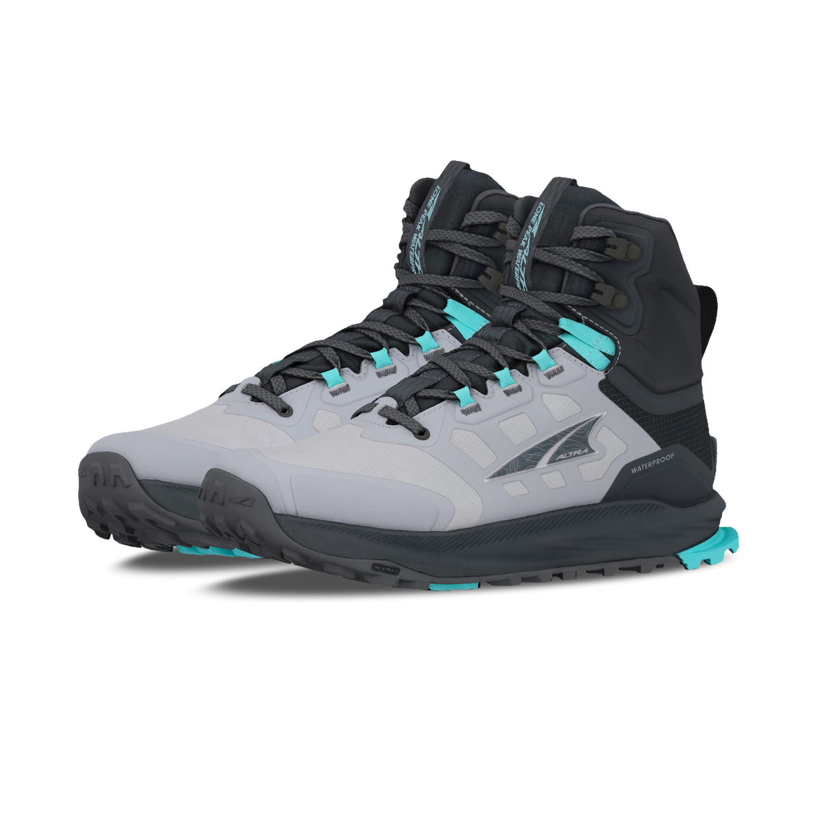 Pair of Altra Lone Peak 9 Waterproof Mid women's boots in Black/Gray, front three-quarter view