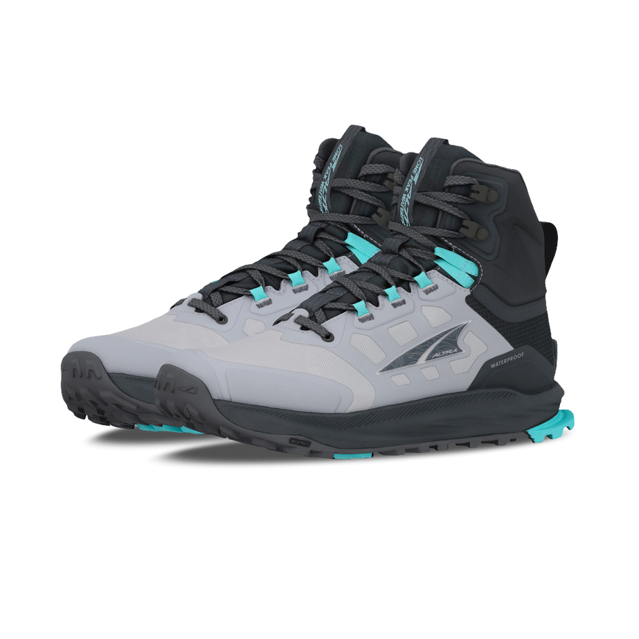 Pair of Altra Lone Peak 9 Waterproof Mid women's boots in Black/Gray, front three-quarter view