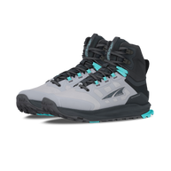 Pair of Altra Lone Peak 9 Waterproof Mid women's boots in Black/Gray, front three-quarter view