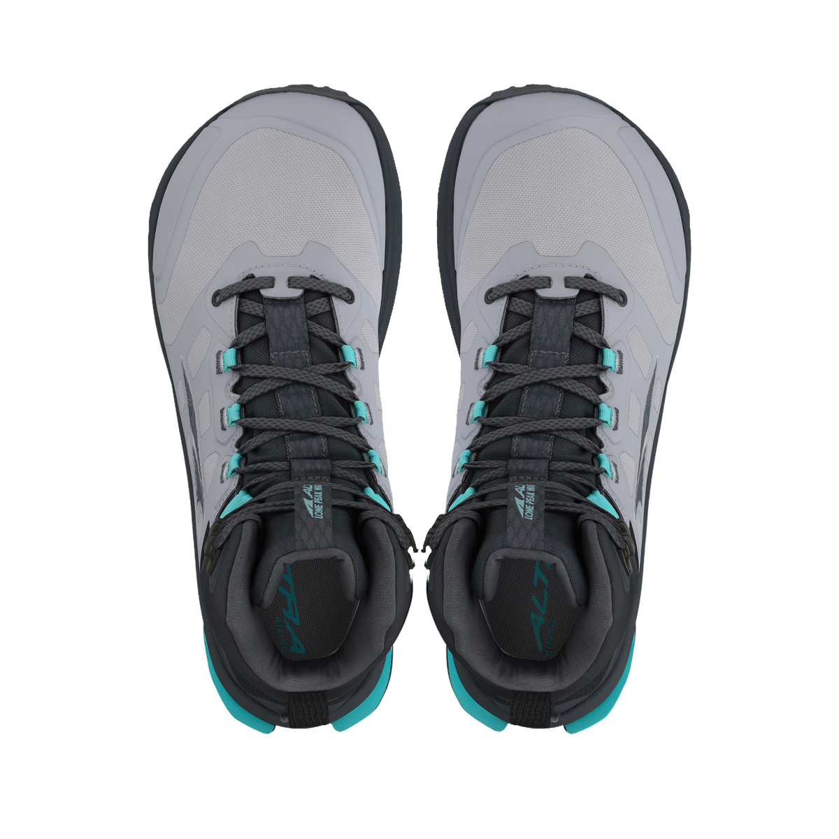 Top-down view of a pair of Altra Lone Peak 9 Waterproof Mid women's boots in Black/Gray with teal heels