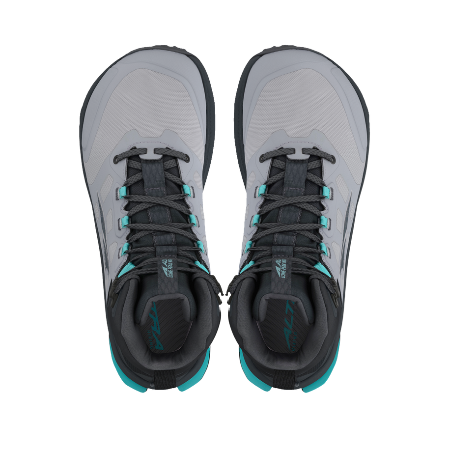Top-down view of a pair of Altra Lone Peak 9 Waterproof Mid women's boots in Black/Gray with teal heels