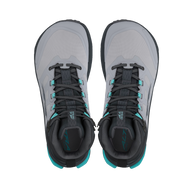Top-down view of a pair of Altra Lone Peak 9 Waterproof Mid women's boots in Black/Gray with teal heels