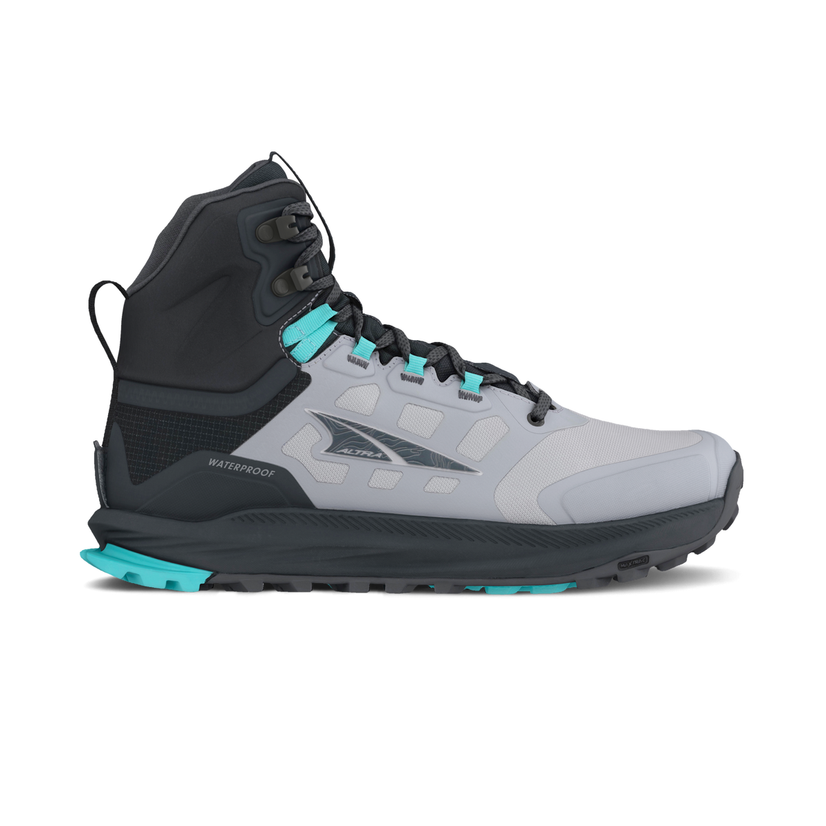 Altra Lone Peak 9 Waterproof Mid women's boot in Black/Gray, side view with toe pointing right, grey upper, black collar and teal accents