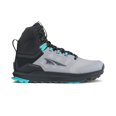 Altra Lone Peak 9 Waterproof Mid women's boot in Black/Gray, side view with toe pointing right, grey upper, black collar and teal accents