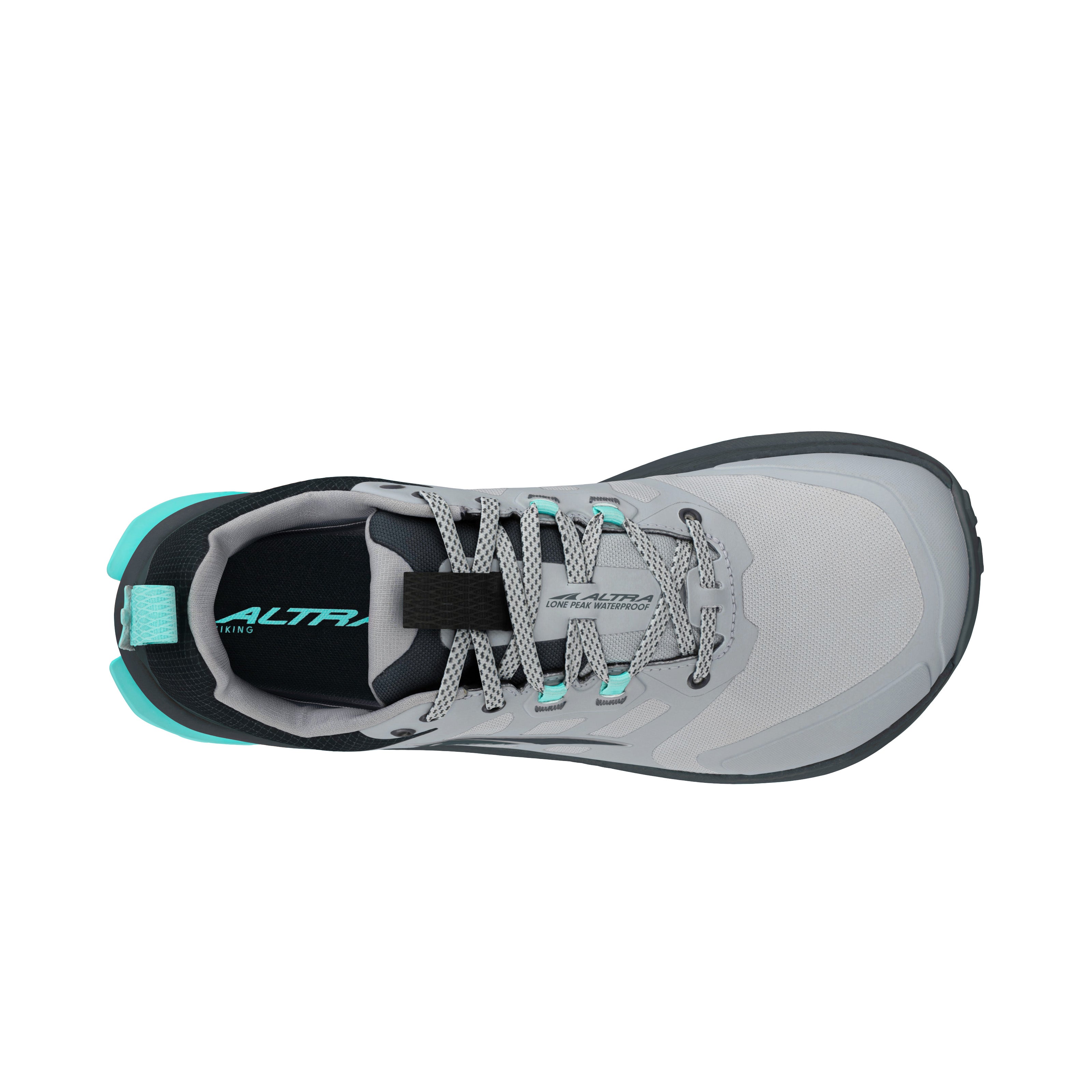 Lone Peak 9 Waterproof Low - Women by Altra Footwear in grey and teal lightweight waterproof hiking shoe with roomy toe box and zero drop for comfort