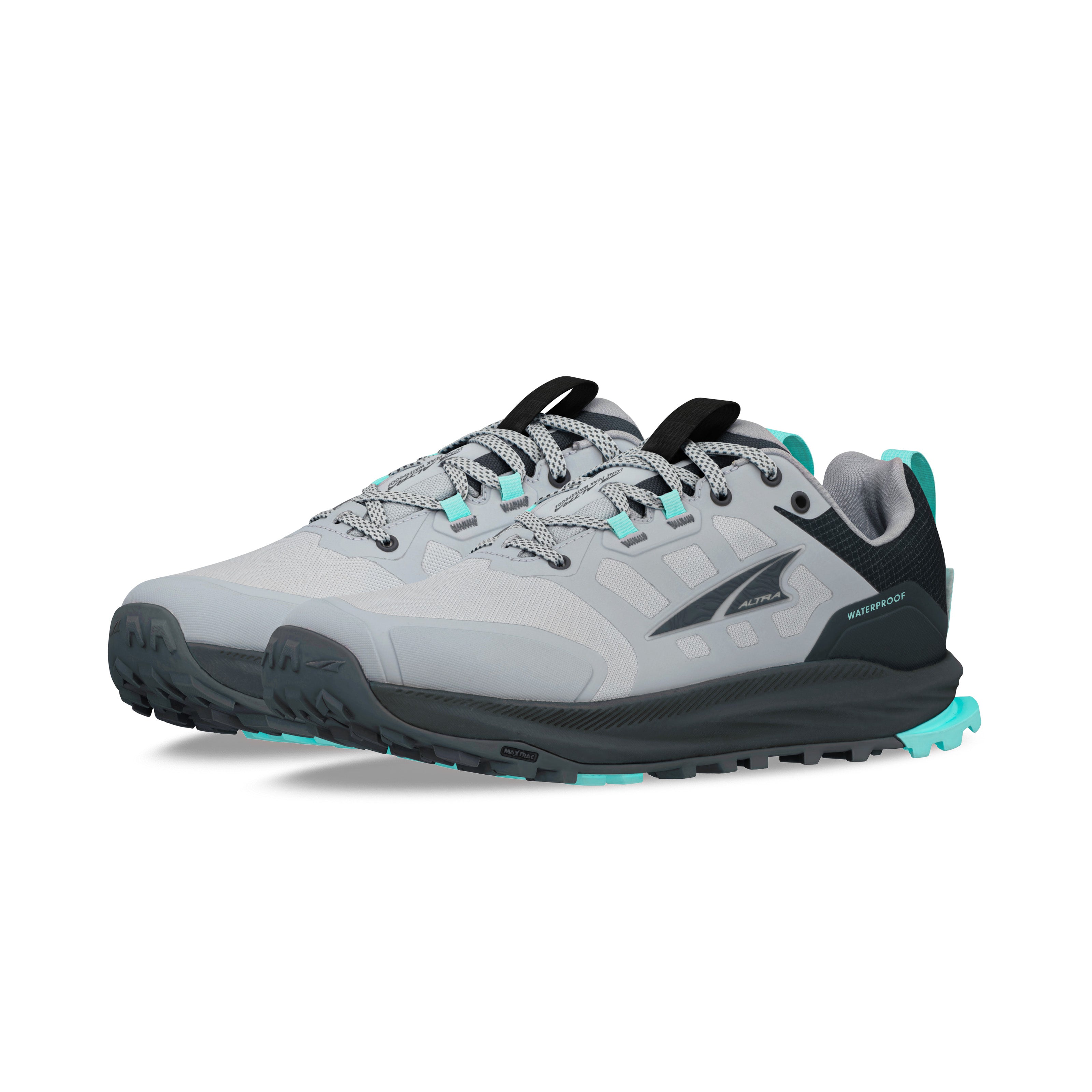 Lone Peak 9 Waterproof Low - Women by Altra Footwear in grey and teal, lightweight waterproof hiking shoe with durable sole for trail and day hiking