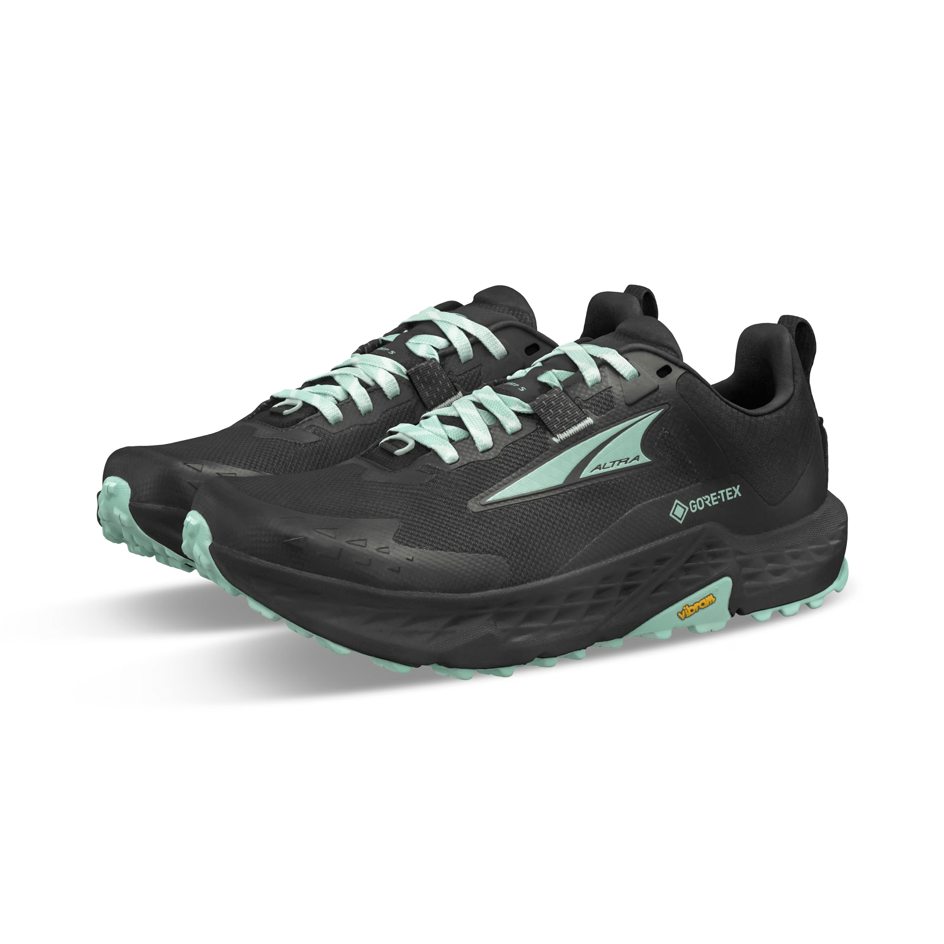 Timp 5 GTX - Women by Altra Footwear in black and mint, waterproof trail running shoe with GORE-TEX and grippy Vibram sole for wet conditions