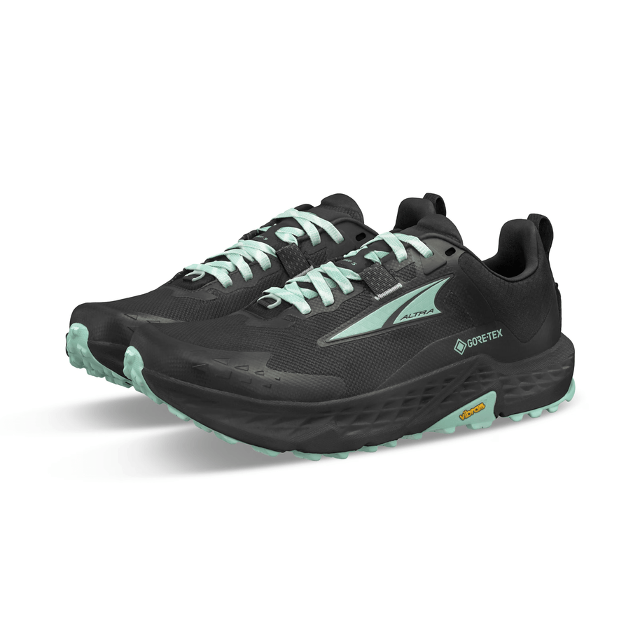 Timp 5 GTX - Women by Altra Footwear in black and mint, waterproof trail running shoe with GORE-TEX and grippy Vibram sole for wet conditions