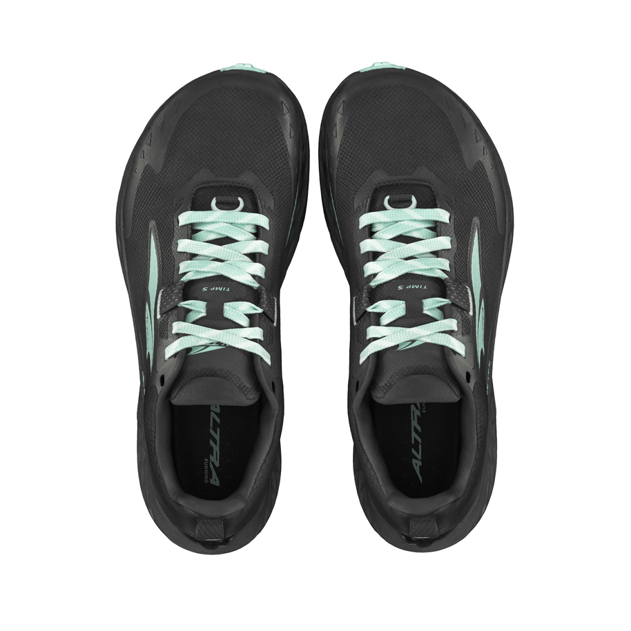 Timp 5 GTX - Women by Altra Footwear in black with turquoise laces, waterproof cushioned trail running shoe with GORE-TEX for outdoor use