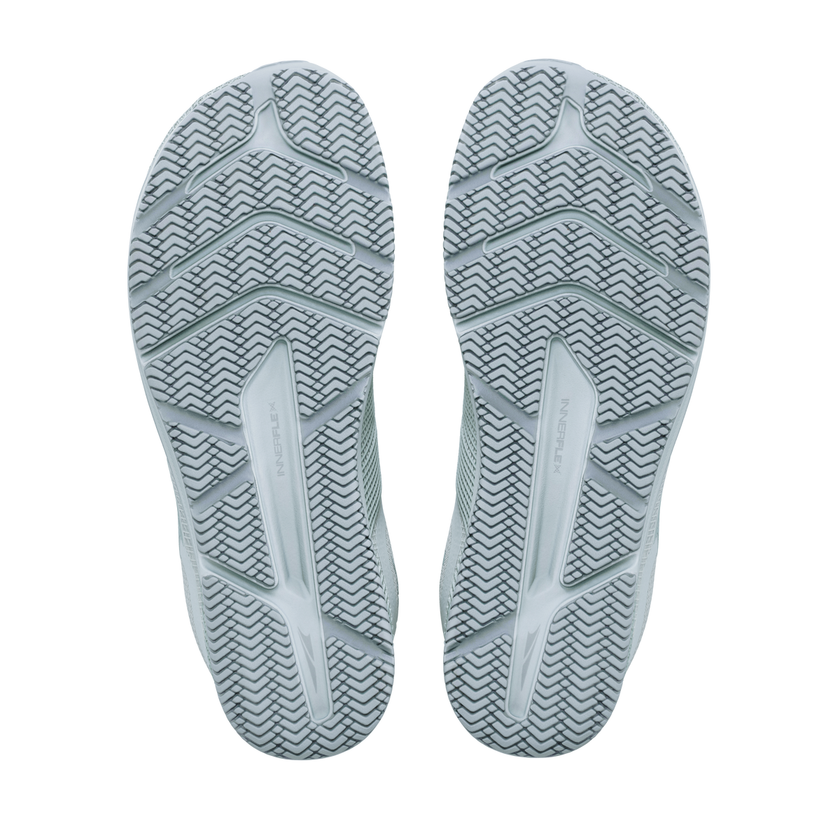 Pair of Altra Solstice XT 3 men's training shoes in High Tide/High Tide/Tradewinds, outsole view of grey herringbone tread