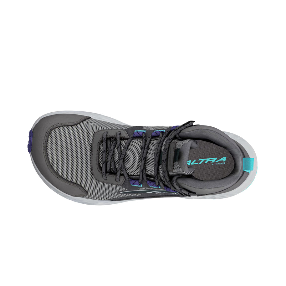 Timp 5 Hiker GTX - Women by Altra Footwear in grey with black and blue accents waterproof cushioned hiking shoe for wet trail running and outdoor use