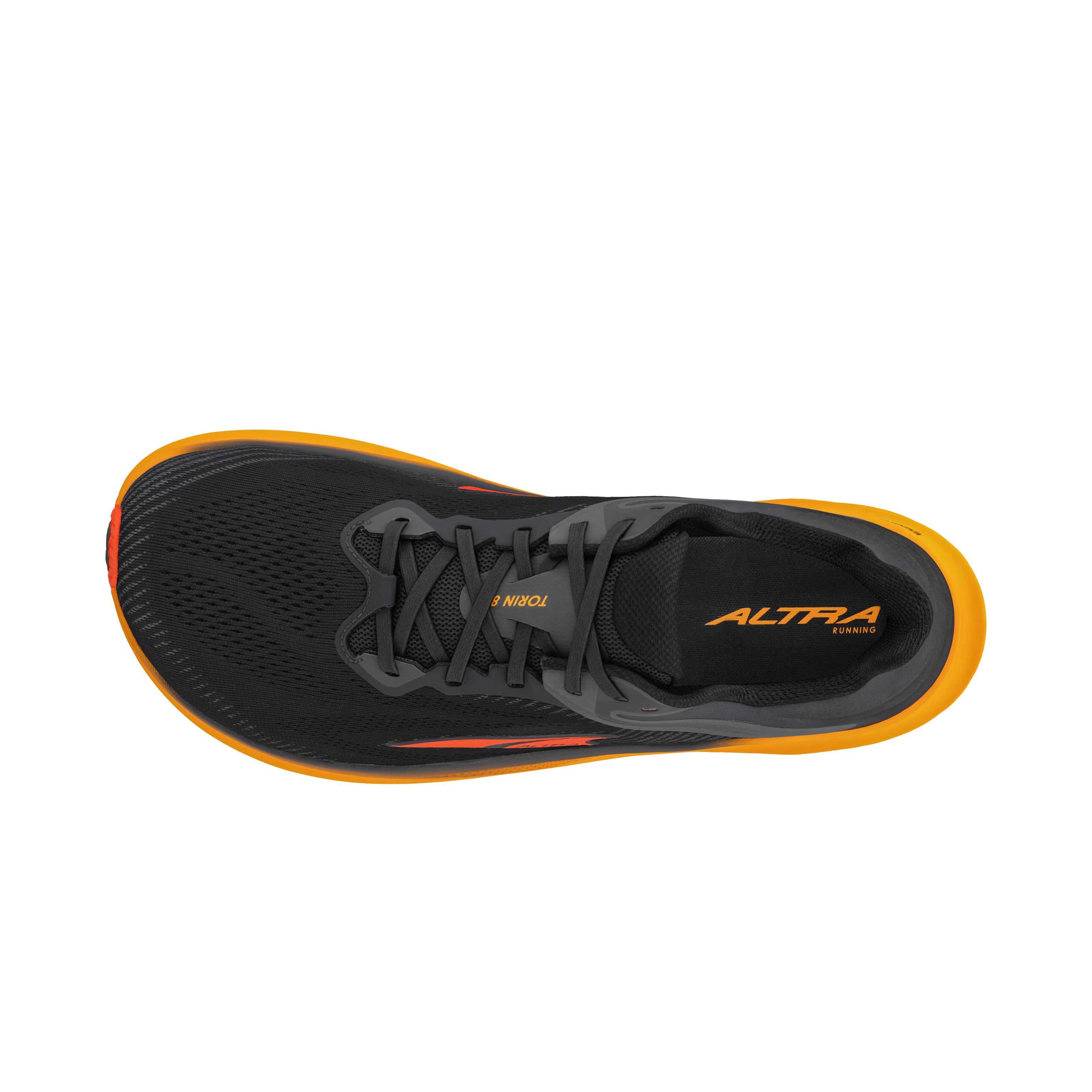 Torin 8 - Men by Altra Footwear in black and orange, comfortable road running shoe with roomy toe box and zero drop for soft underfoot feel